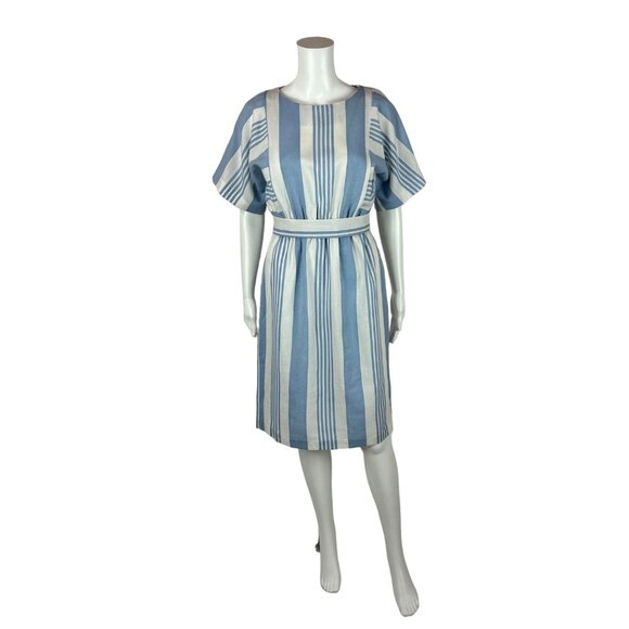 Vintage 80s Striped Dress Women's XS Powder Blue Stripes Faux Linen Slouchy - Picture 2 of 10